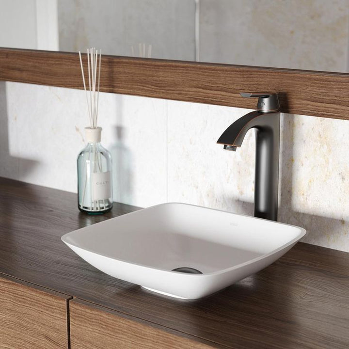 VIGO Hyacinth Handmade Countertop White Matte Stone Square Vessel Bathroom Sink in Matte White