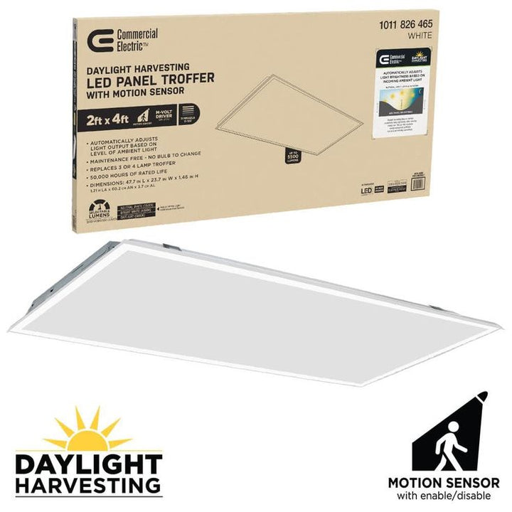Commercial Electric 2 ft. x 4 ft. Daylight Harvesting LED Panel Light Troffer w/ Motion Sensor Adjustable CCT Lumens Watts 120-277V Dimmable