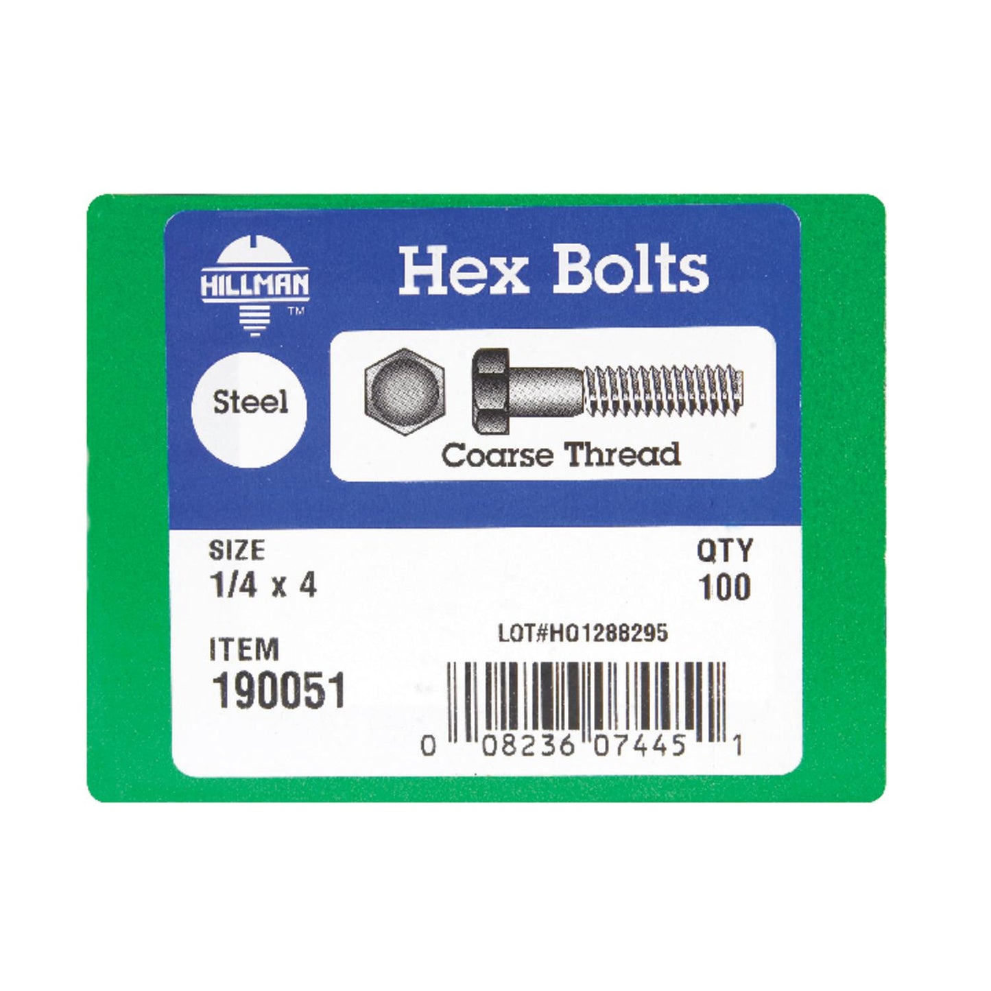 Hillman 1/4 in. Diameter x 4 in. Length Zinc-Plated Steel Hex Bolt, Coarse Thread, 100-Pack