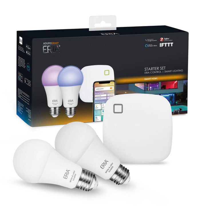 ERIA Soft White Smart Light 60W Equivalent A19 Dimmable CRI 90+ Wireless Lighting Starter Kit (2 Smart Bulbs and Hub)