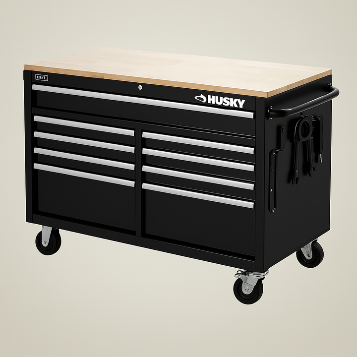 Husky 46 in. W 9-Drawer Mobile Workbench in Gloss Black with Hardwood Top