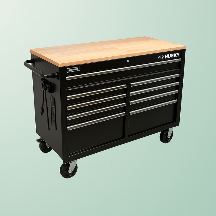 Husky 46-inch Mobile Workbench with 9 Drawers and Hardwood Top
