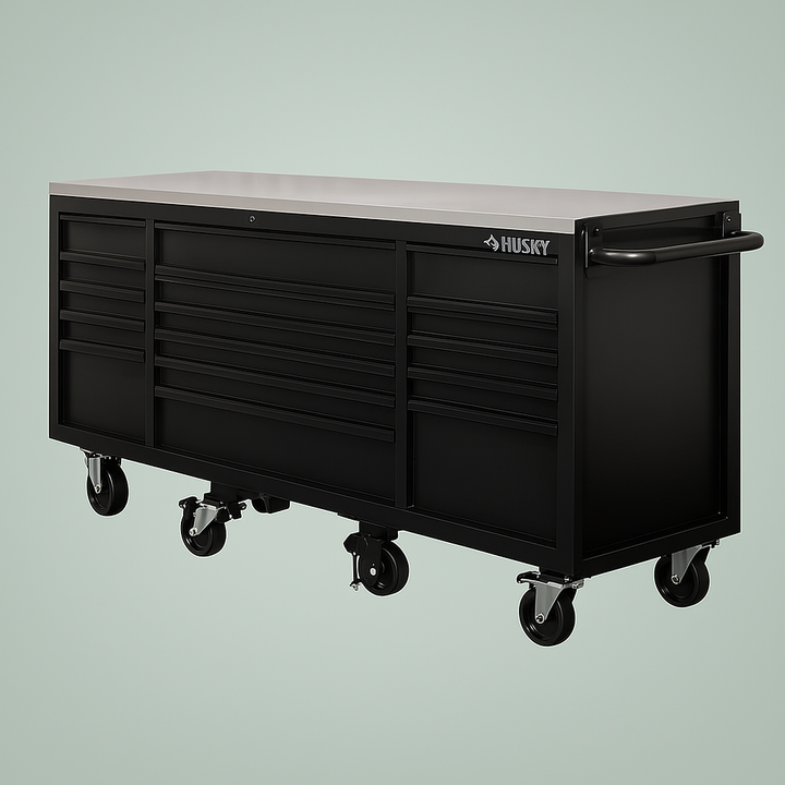 Husky 96 in. W x 24 in. D 16-Drawer Heavy-Duty Mobile Workbench with Stainless Steel Top in Matte Black