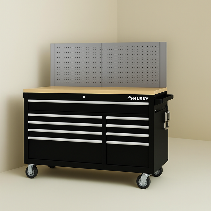 Husky 52" Mobile Workbench with Pegboard and Solid Wood Top