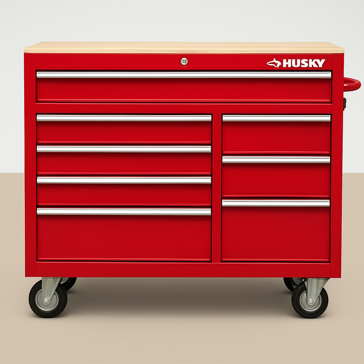 Husky 42 in. Red Mobile Workbench Cabinet with Solid Wood Top