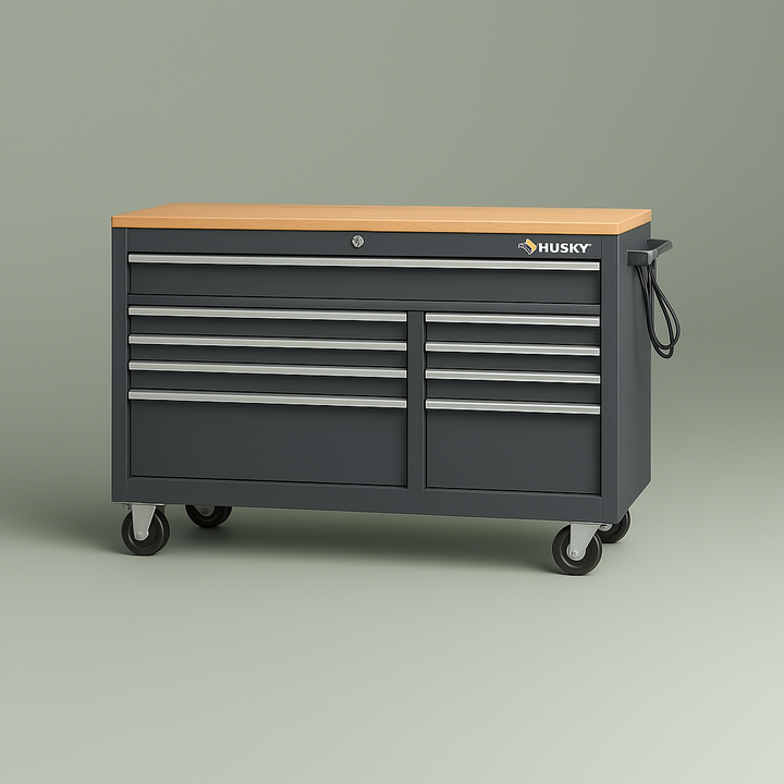 Husky 52 in. W x 25 in. D 9-Drawer Mobile Workbench Cabinet with Solid Wood Top