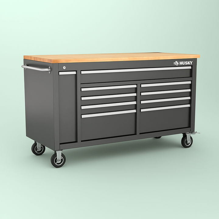 Husky 61 in. W x 24 in. D 10-Drawer Mobile Workbench Tool Chest with Sliding Bin Storage Drawer