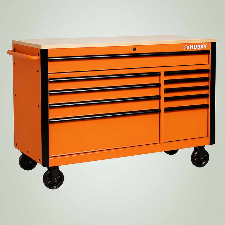 Husky 52 in. Gloss Orange Mobile Workbench with Solid Wood Top