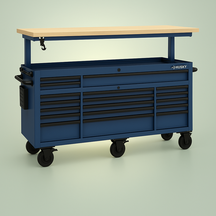 Husky 72 in. Heavy Duty 18-Drawer Mobile Workbench with Mechanics Tool Set, Adjustable Height, Matte Blue