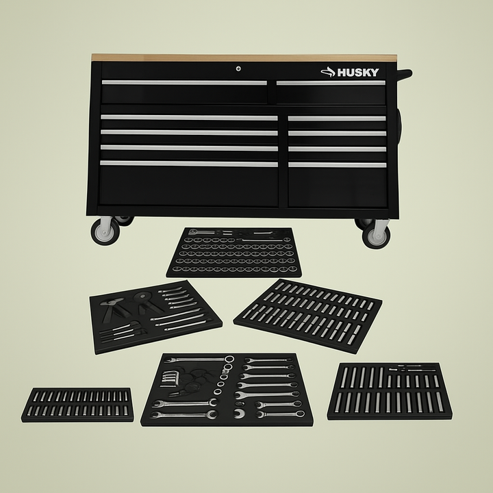 Husky 52 in. 9-Drawer Gloss Black Mobile Workbench Tool Chest with 370-Piece Mechanics Tool Set