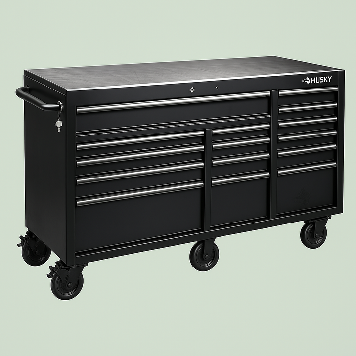 Husky 72 in. Heavy-Duty 15-Drawer Mobile Workbench Cabinet with Stainless Steel Top, Matte Black
