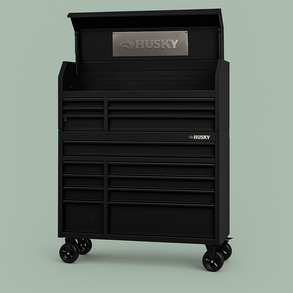 Husky 52 in. Heavy Duty Rolling Tool Chest Combo, Matte Black – 15 Drawer Steel Storage with Power Strip