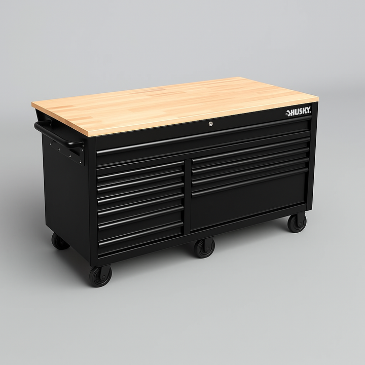 Husky 62 in. 12-Drawer Mobile Workbench with Full Length Extension Table, All Blacked Out