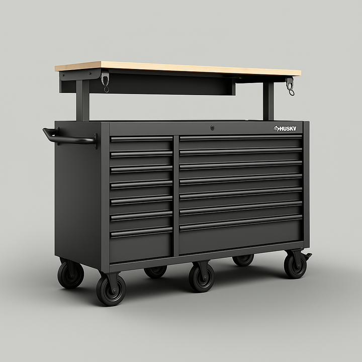 Husky 62 in. 14-Drawer Mobile Workbench with Adjustable Solid Wood Top, Black