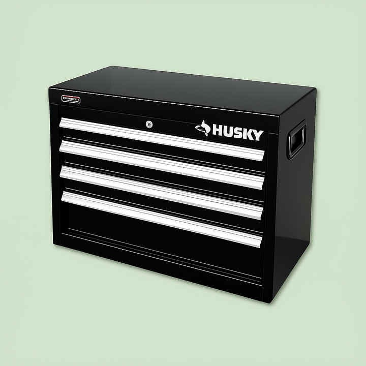 Husky 26 in. W 4-Drawer Tool Chest in Gloss Black – Metal, Lockable, Ball-Bearing Drawers