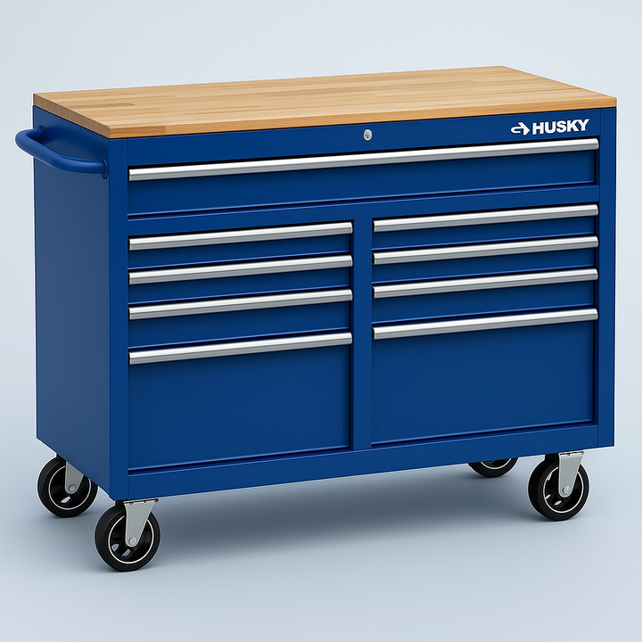 Husky 46 in. W 9-Drawer Deep Tool Chest Mobile Workbench in Gloss Blue with Hardwood Top
