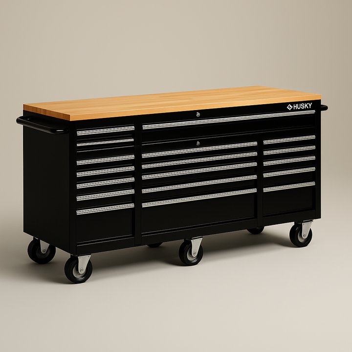 Husky 72 in. 18-Drawer Mobile Workbench with Solid Wood Top, Gloss Black