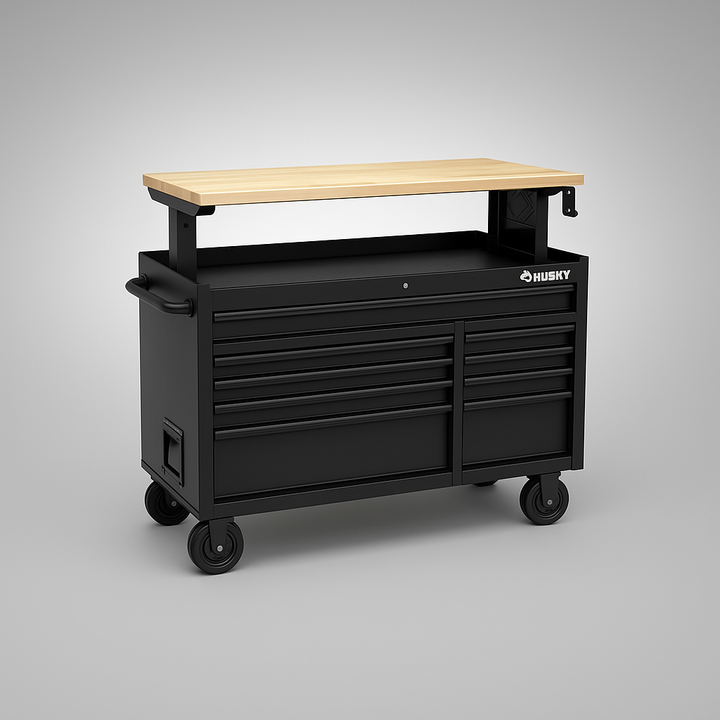 Husky 52 in. Heavy-Duty 9-Drawer Mobile Workbench with Adjustable-Height Hardwood Top, Matte Black
