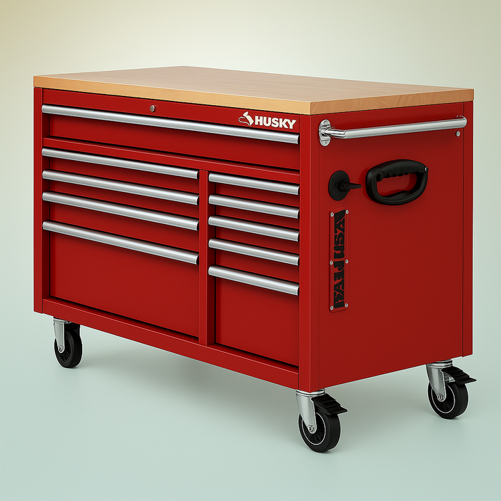 Husky 52 in. W 9-Drawer Deep Tool Chest Mobile Workbench in Gloss Red with Wood Top