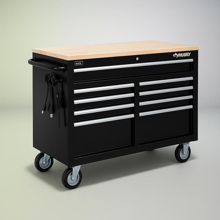 Husky 46 in. W x 24.5 in. D 9-Drawer Mobile Workbench with Solid Wood Top, All Black Finish