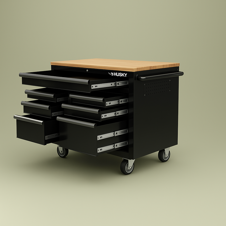 Husky 46 in. 9-Drawer Mobile Workbench with Full Length Extension Table and Legs, Black