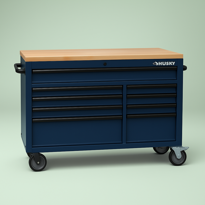 Husky 56 in. 9-Drawer Mobile Workbench in Matte Blue with Solid Wood Top and Power Strip