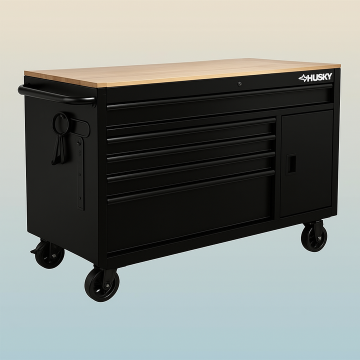 Husky 56 in. W x 24.5 in. D 5-Drawer Mobile Workbench in Matte Blue with Solid Wood Top