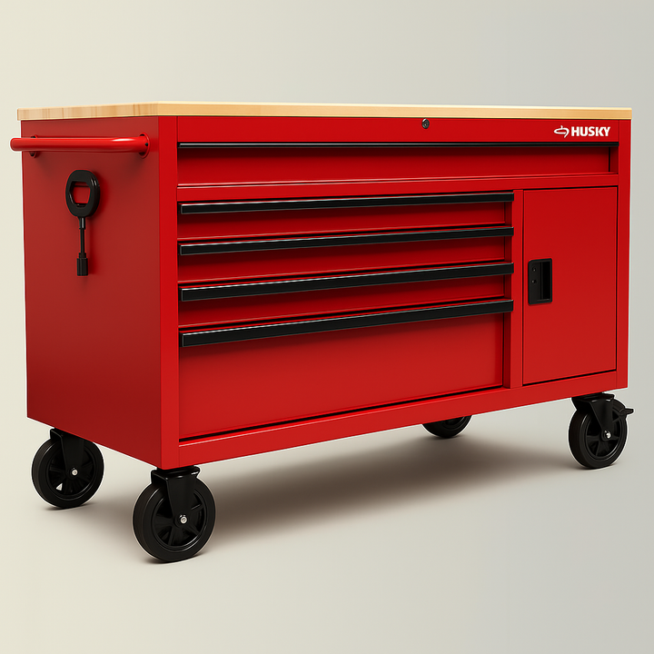 Husky 56 in. W 5-Drawer 1-Door Deep Tool Chest Mobile Workbench with Hardwood Top, Gloss Red