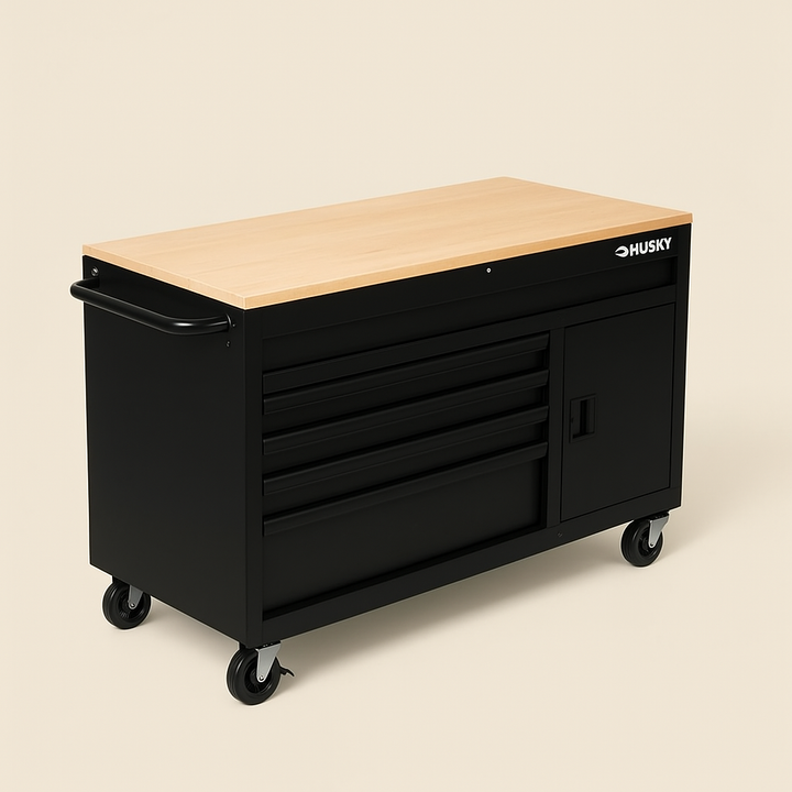 Husky 56 in. W 5-Drawer 1-Door Deep Tool Chest Mobile Workbench with Hardwood Top, Gloss White