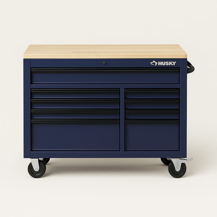 Husky Heavy-Duty 52 in. 9-Drawer Mobile Workbench with Adjustable-Height Solid Wood Top, Matte Blue