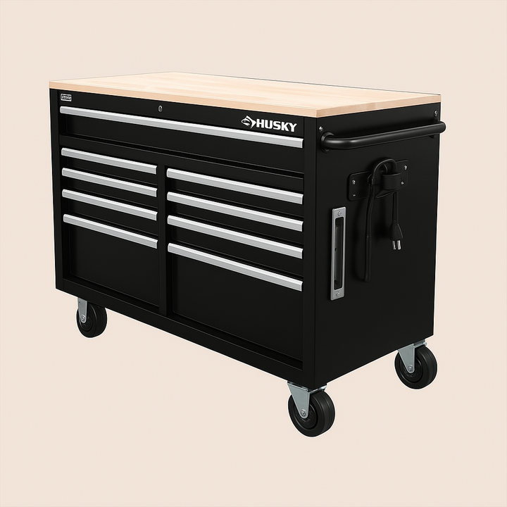 Husky 52 in. 9-Drawer Mobile Workbench Tool Chest with Solid Wood Top, Gloss Black