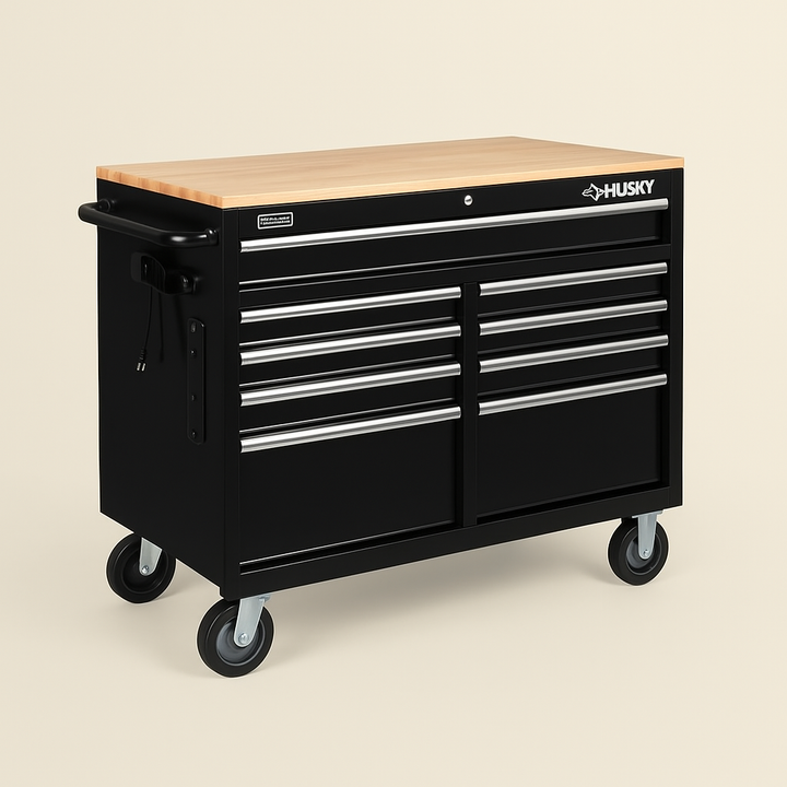 Husky 46 in. 9-Drawer Deep Mobile Workbench Tool Chest in Black with Hardwood Top