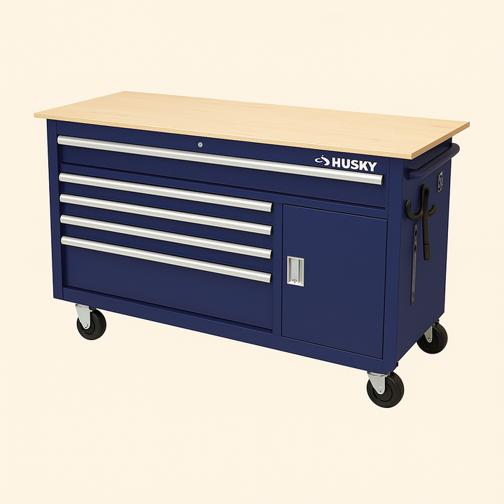 Husky 56 in. Gloss Blue 5-Drawer 1-Door Mobile Workbench Tool Chest with Hardwood Top
