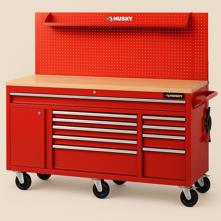 Husky Heavy-Duty 61 in. W 10-Drawer 1-Door Mobile Workbench with Flip-Up Pegboard, Gloss Red