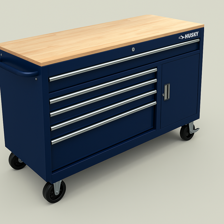 Husky 56 in. W 5-Drawer 1-Door Gloss Blue Mobile Workbench with Hardwood Top