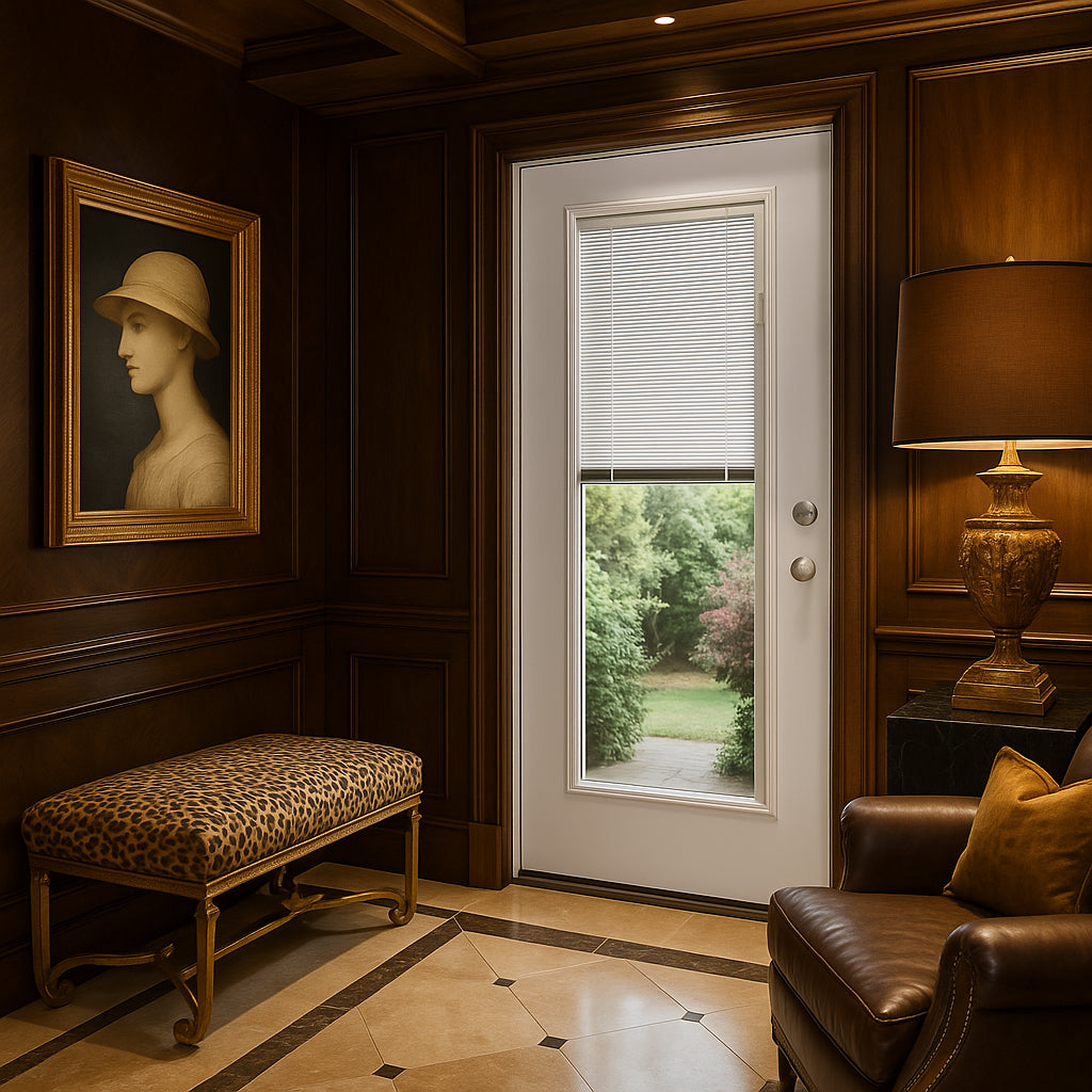 Masonite VistaGrande 32 in. x 80 in. Left Hand Inswing Full Lite Mini Blind Primed Smooth Fiberglass Prehung Exterior Door