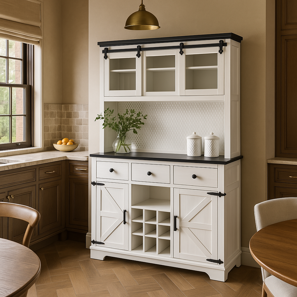 tunuo White Wood Pantry Bar Cabinet with Internal Storage Rack