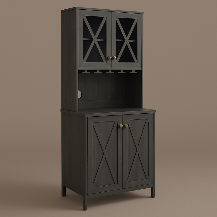 FUNKOL Charcoal Gray Kitchen Cabinet with Wine Rack and Glass Doors
