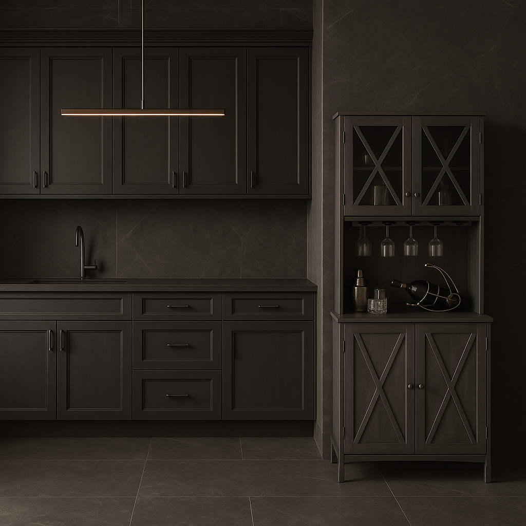 FUNKOL Charcoal Gray Kitchen Cabinet with Wine Rack and Glass Doors