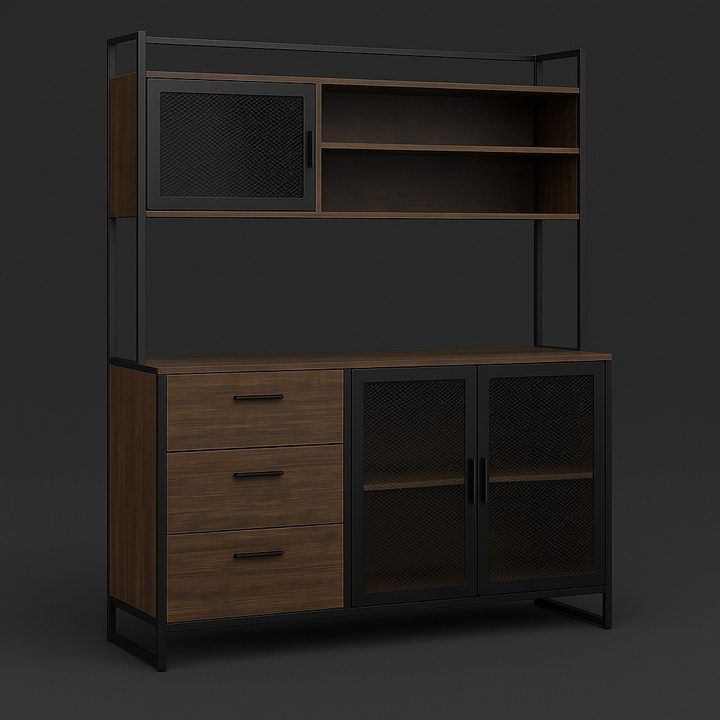 FUFU&GAGA Brown Wood Kitchen Cabinet with Metal Mesh Doors, 3 Drawers, 6 Shelves