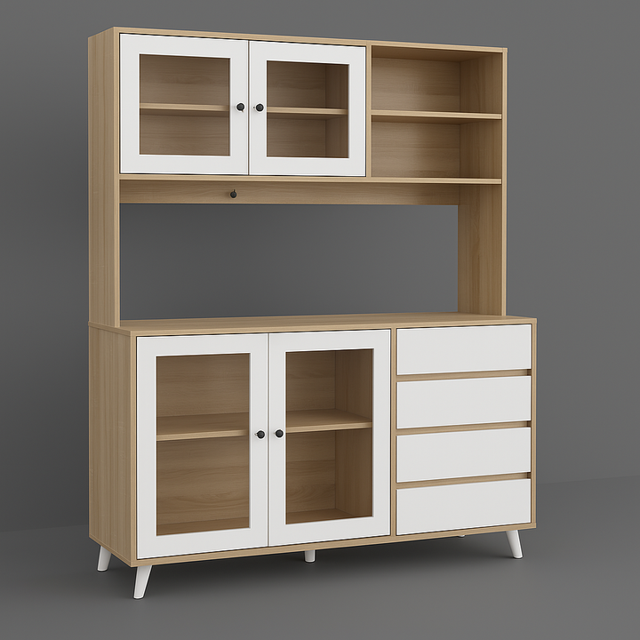 FUFU&GAGA Light Brown Pantry Kitchen Cabinet with Hutch, Glass Doors, 4 Drawers, Hooks