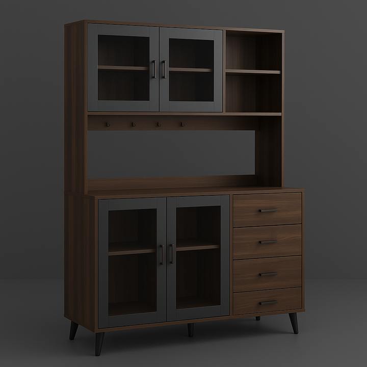 FUFU&GAGA Large Kitchen Pantry Cabinet Buffet with 4-Drawers, Hooks, Open Shelves, and Glass Doors