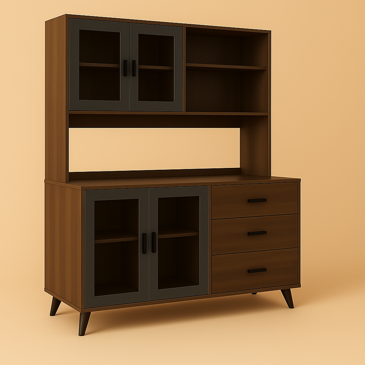 FUFU&GAGA Brown Pantry Kitchen Cabinet Buffet with Hutch, 4-Drawers, Glass Doors