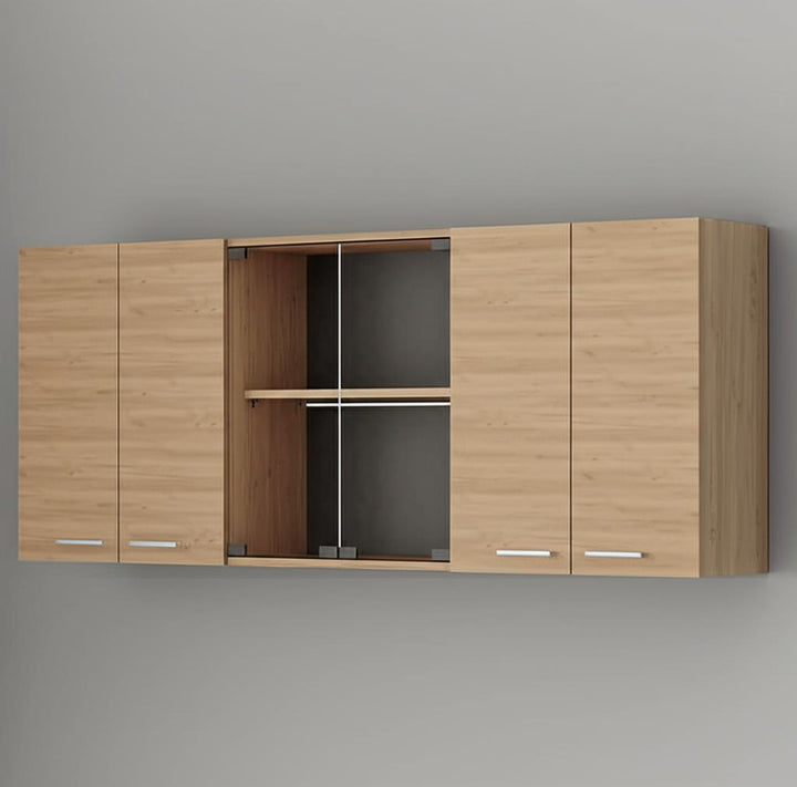 Unbranded 59 in. Wall Kitchen Cabinet with Glass Doors, Natural Oak Finish