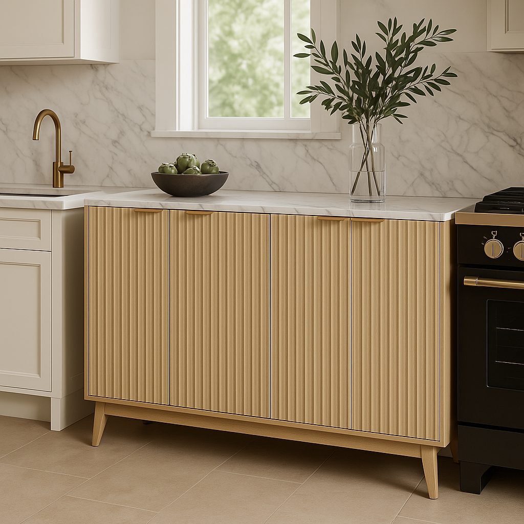 QueenFun Cabinson Natural Oak Sideboard Buffet Cabinet with Faux Stone Finish Top & 4 Doors