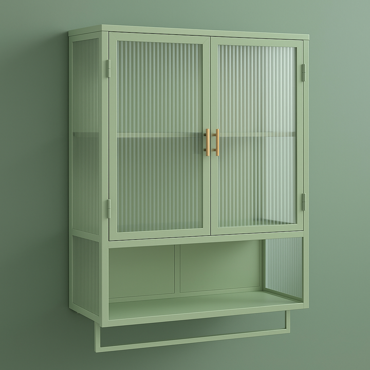 Aoibox Green Iron Wall Cabinet with Glass Doors and Towel Rack