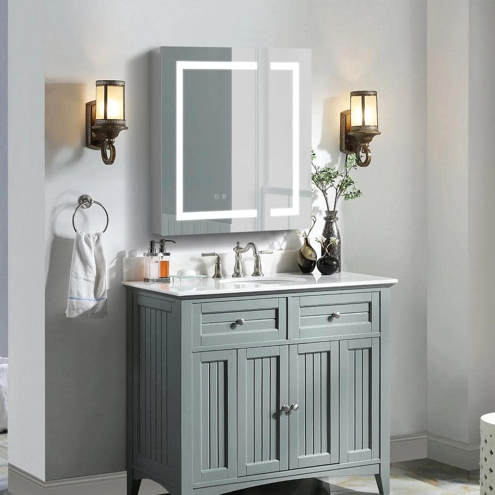 WELLFOR 30 in. W x 30 in. H Rectangular Aluminum Recessed or Surface Mount Medicine Cabinet with Mirror and Lighted,Double Doors