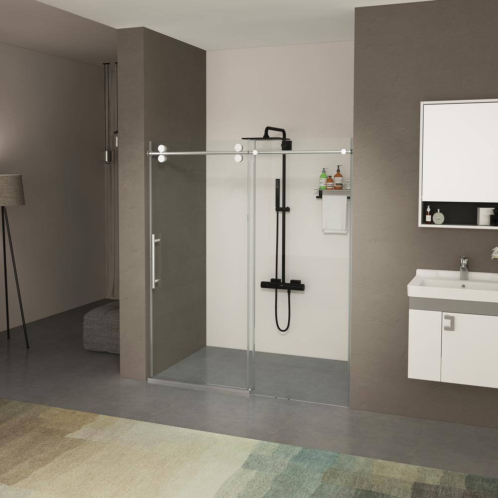 ANGELES HOME 60 in. W x 76 in. H Sliding Frameless Shower Door in Chrome Finish with Clear Glass 3/8 in. (10mm) Tempered and Buffer