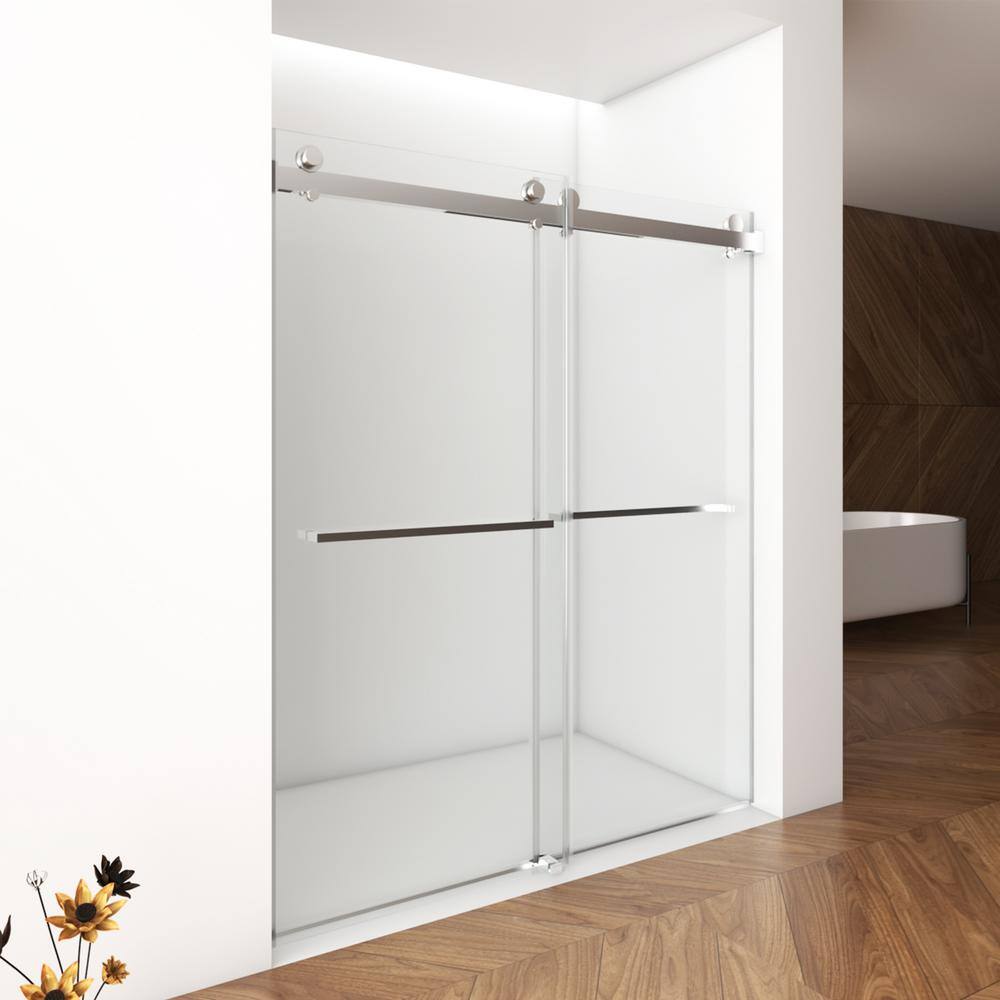 ANGELES HOME 56-60 in. W x 76 in. H Double Sliding Frameless Shower Door in Brushed Nickel Finish with Clear Glass and Buffer