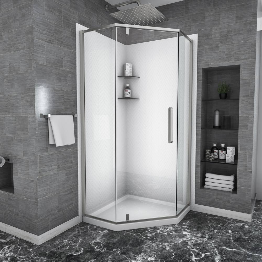ANGELES HOME 34-1/8 in. W x 72 in. H Neo Angle Pivot Semi Frameless Corner Shower Enclosure in Brushed Nickel Finish with Hardware